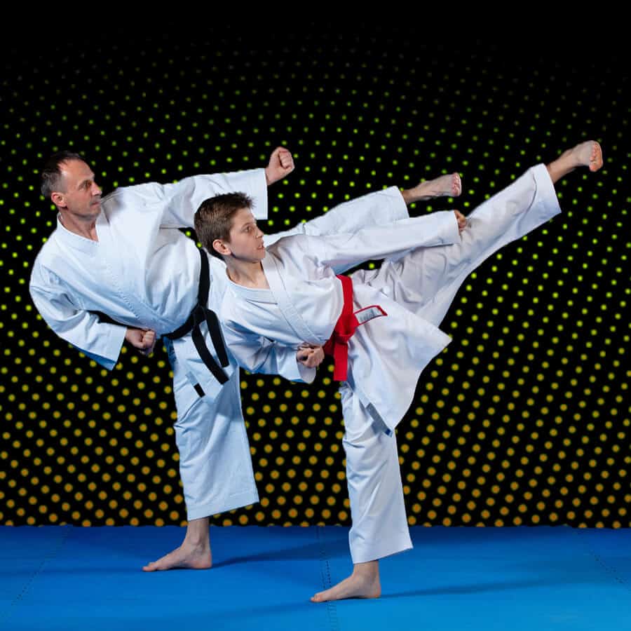 Martial Arts Lessons for Families in Burlington NJ - Dad and Son High Kick