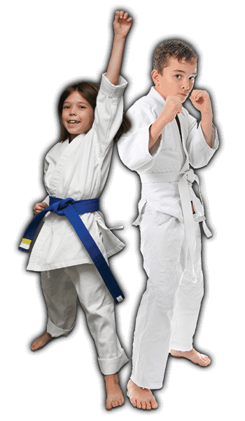 Martial Arts Lessons for Kids in Burlington NJ - Happy Blue Belt Girl and Focused Boy Banner